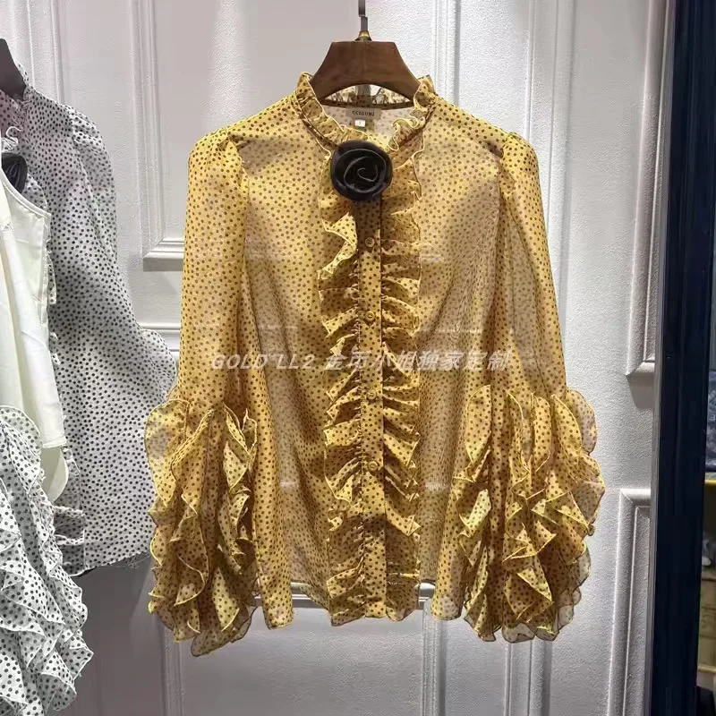 

202, весна-лето-осень, новая женская блузка во французском стиле с объемными цветами и рюшами в горошек, топ