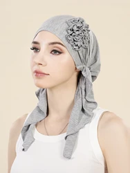 Trendy Solid Color Flowers Women's Hijab Muslim Ladies Turban Bonnet Long Tail Head Wrap Head Scarf Indian Hats