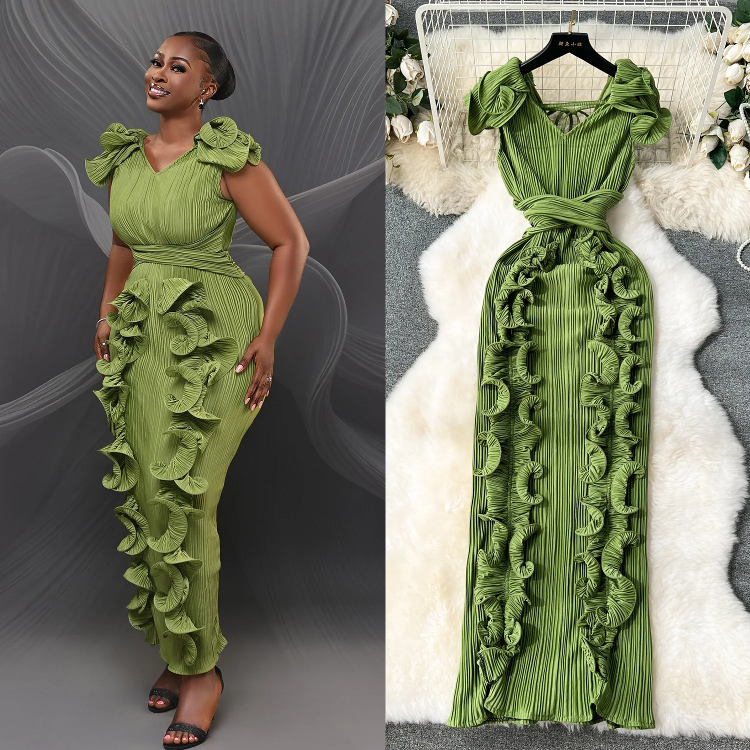 

A high-end, light luxury, niche, pleated three-dimensional ruffled, form-fitting, long and elegant dress for women