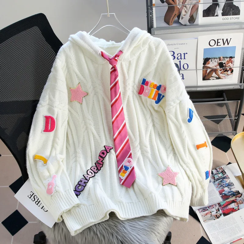 

Hsa Весенний новый белый свитер с капюшоном, вязаный свитер в студенческом стиле для женщин, kawaii, свитер, джемперы, новинка 2024, шикарные Повседневные вязаные топы