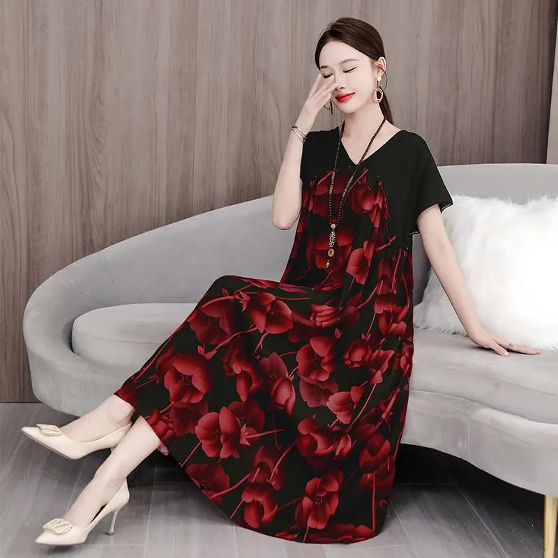 Oversized Women Clothes Office Lady Patchwork O-neck Midi Dress Ladies Fashion Printing Loose Vintage Dress Women's Floral Dress