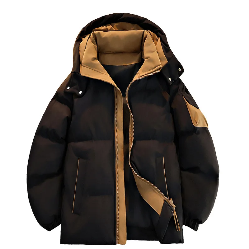 Męska kurtka zimowa, ocieplana, odporna na zimno, kontrastowe kolory, modna odzież wierzchnia, długi rękaw, zapinana na zamek, luźna, codzienna kurtka męska z kapturem.