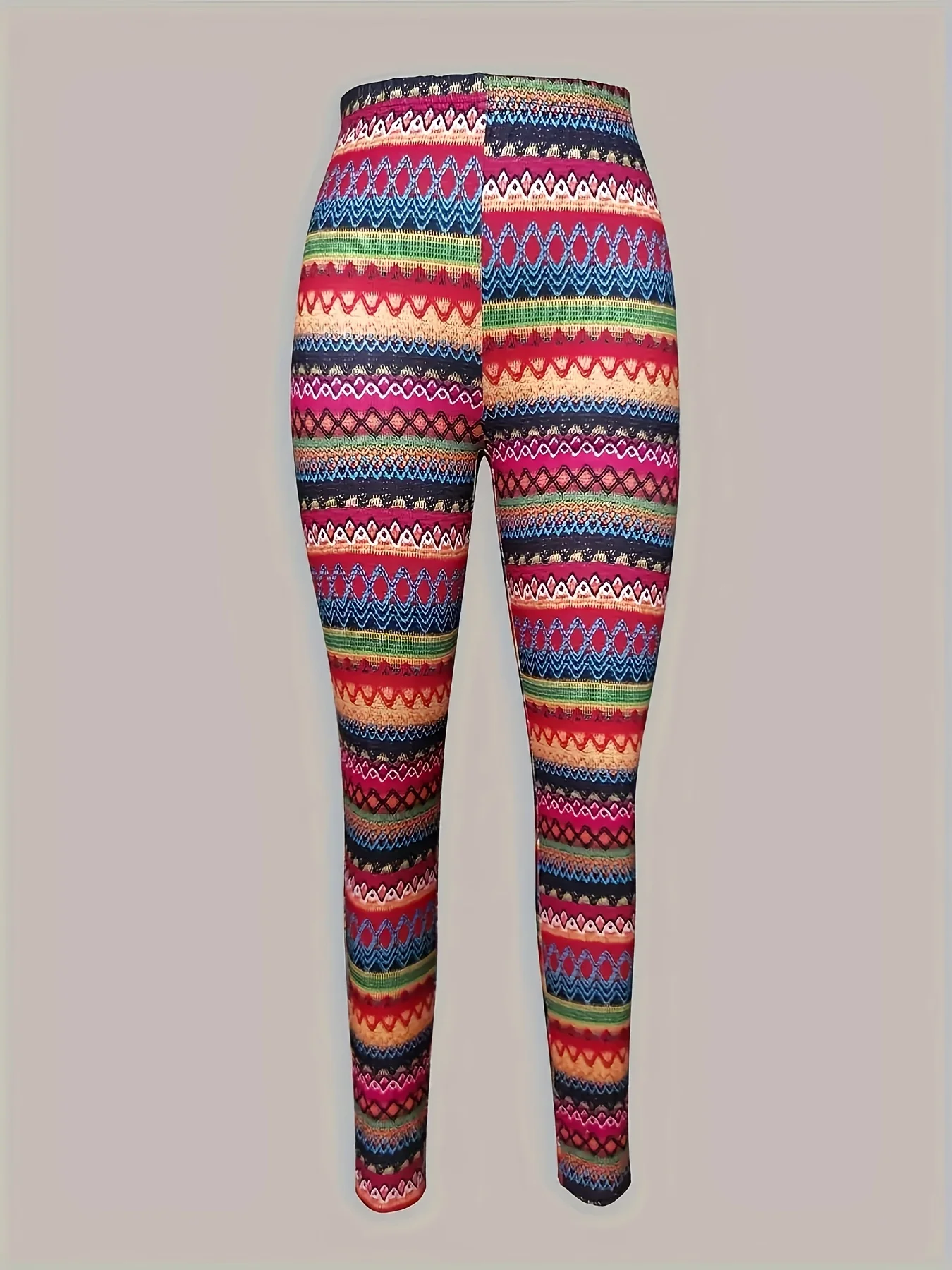 Women's Mid‑Rise Fleece Lined Leggings Ethnic Tribal Geometric Stripe Print Stretch Slim Warm Ladies Casual Pants - view 3