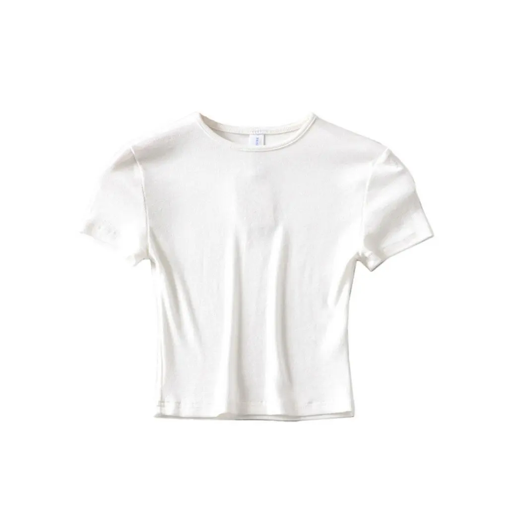 

YPFF Women's High Waist Short Sports Top Solid Color round Neck Tight T-Shirt Summer European American Style Short Sleeve