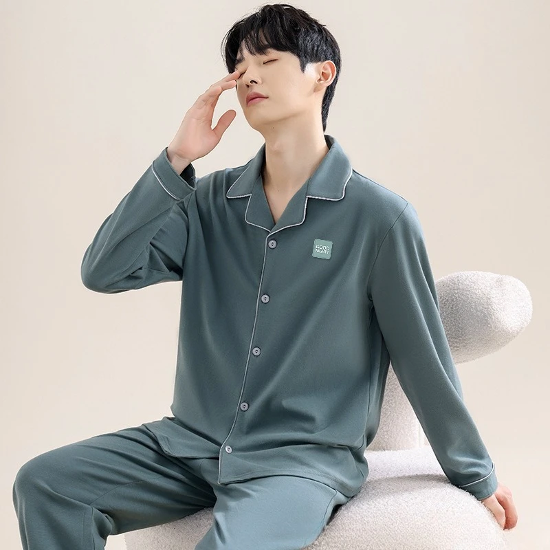High Quality Pure Cotton Pajamas Suit Classic Men's Comfortable Soft Sleepwear Male's Long Sleeve Loungewear Spring Autumn