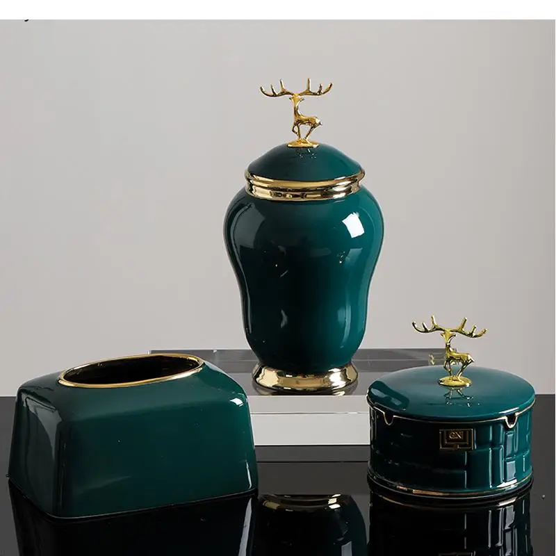 

Nordic Light Luxury Dark Green Ceramic Storage Jar Vase Decoration Golden Elk Lid Candy Living Room Accessories