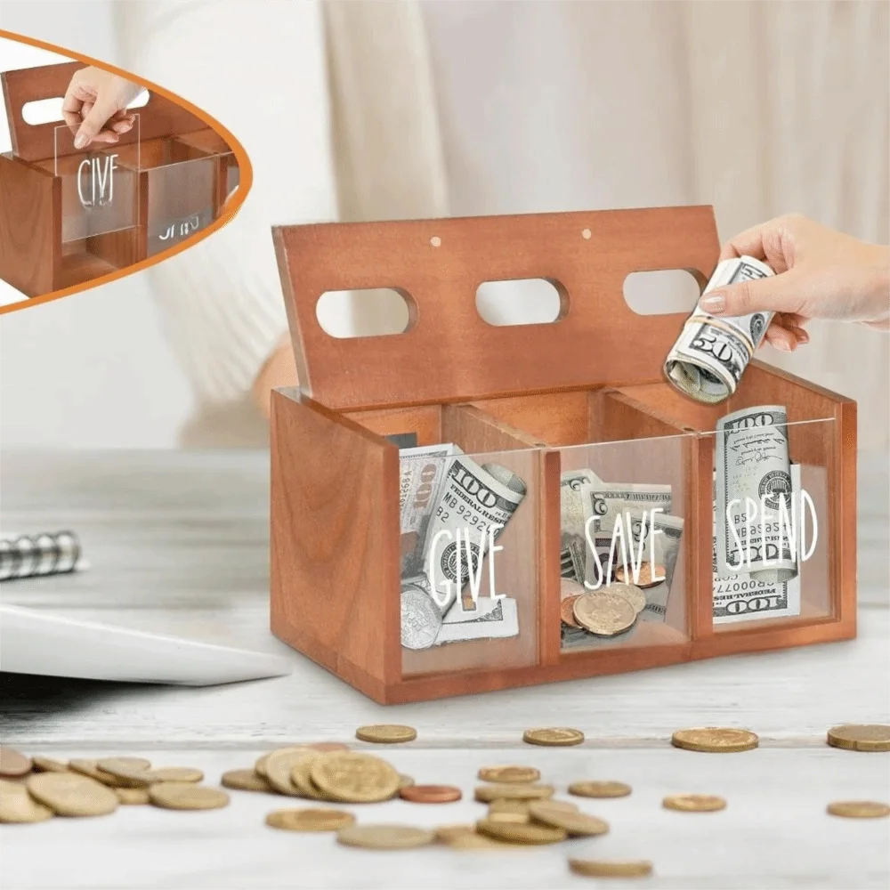 3 Compartments Wooden Money Saving Box Wall-Mount Design Large Capacity Saving Money Jar Reusable Decorative Money Container
