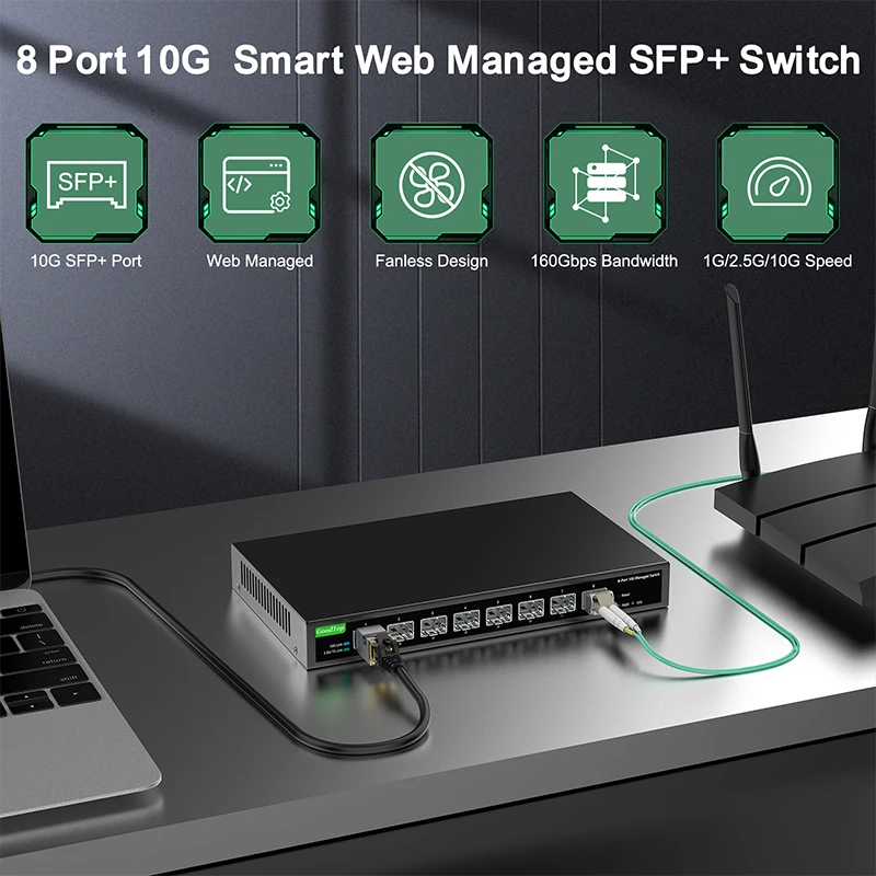 GoodTop 8 Port 10Gb Smart Web Managed SFP+ Switch,10G Optical SFP+ Ethernet Fanless Homelab Network Switch LACP/VLAN/DHCP Client