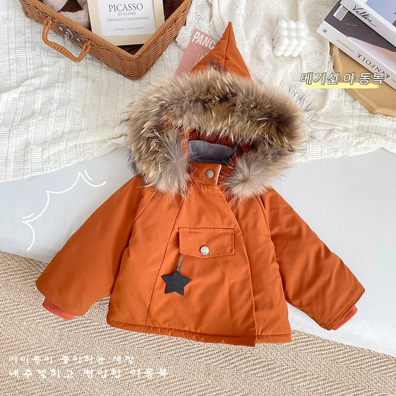 

Girls Down Jacket 2024 Winter White Duck Down Jacket Large Fur Collar Thickened Warmth Simple Casual Coat Korean Simple Style