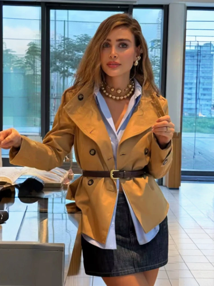 

2025 Autumn Winter Fashion Double Breasted Zipper Scarf Decor Trench Coat Women Elegant Streetwear