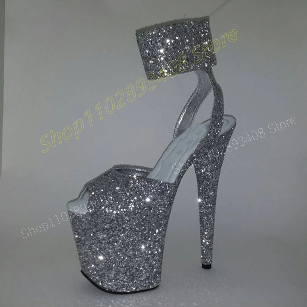 Gold Glitter Party Stage Peep Toe Sandals Ankle Strap Pole Dance Stiletto High Heel Sexy Women Shoes 2024 Zapatos Para Mujere