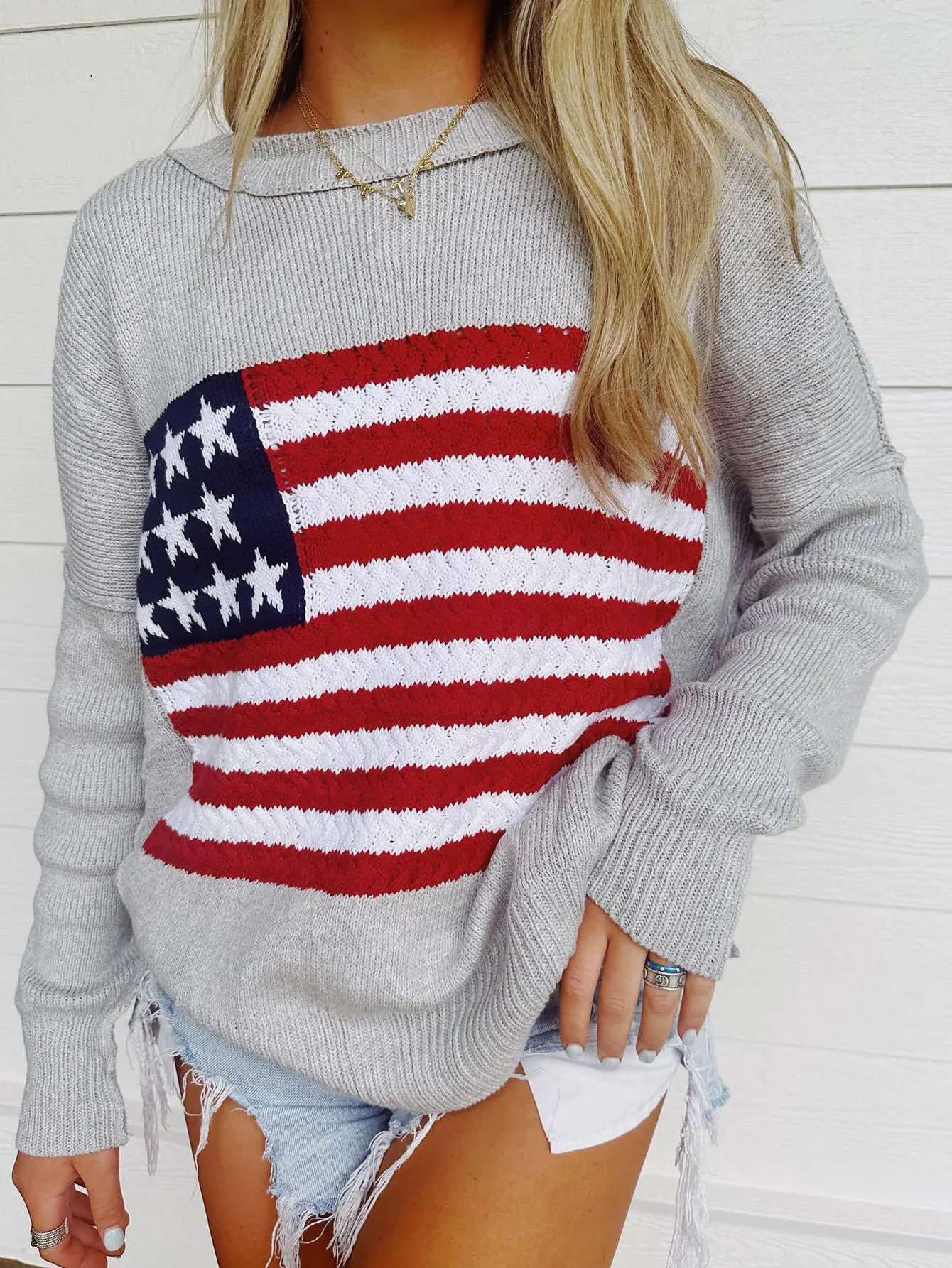 

Women's American Flag Sweater Long Sleeve round Neck Casual Basic Daily Wear Top for Autumn Winter Fashion