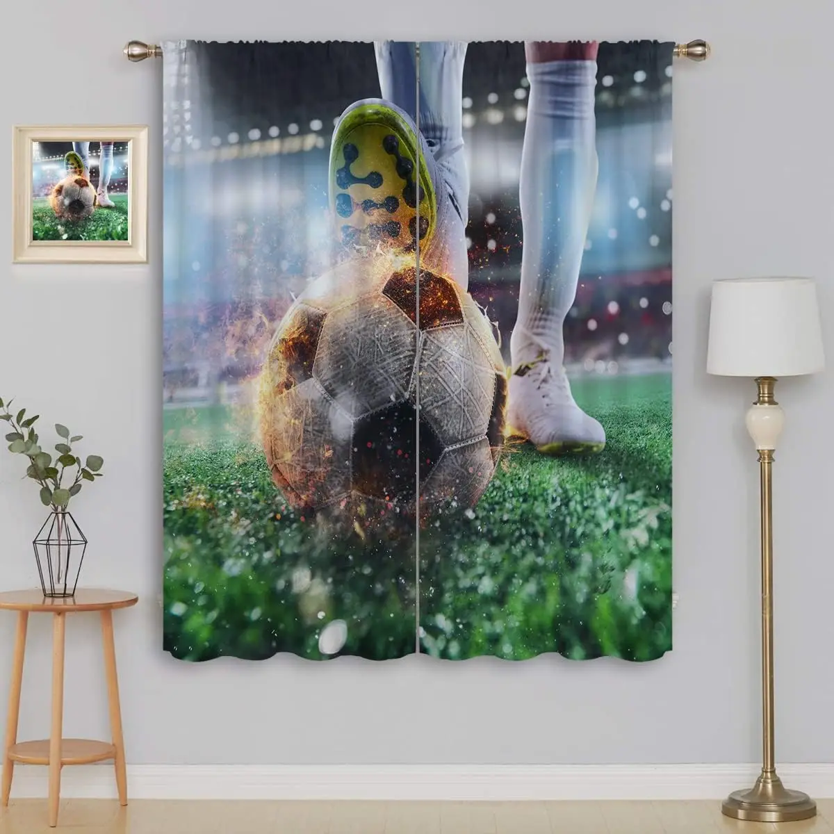Football Blackout Curtains for Boy Girl Room Darkening Decor,Soccer Striker Ready to Kicks the Fiery Ball at the Stadium Bedroom