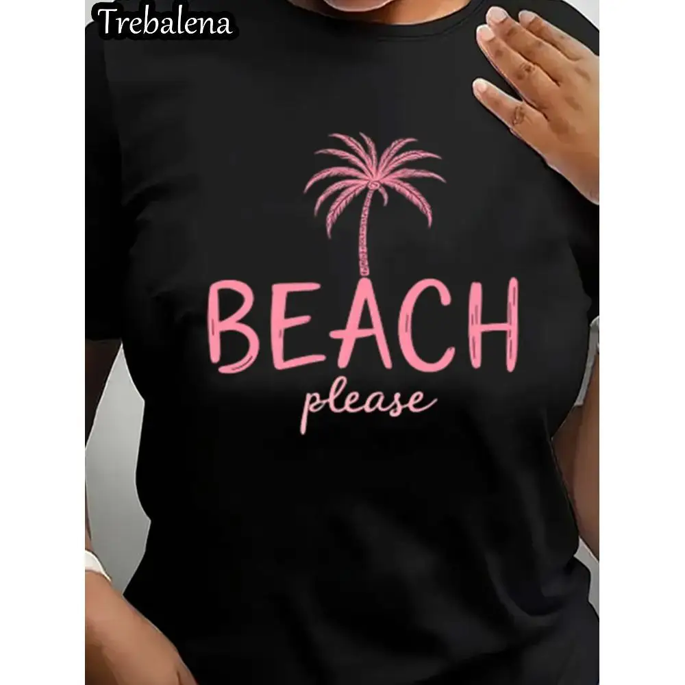 

Футболка с круглым вырезом, 100% хлопок, пляжная футболка с рисунком «Пожалуйста, пальма», большой стиль для летних каникул, женская футболка с коротким рукавом