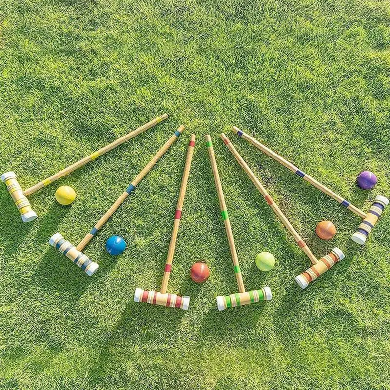 Jogo de croquet engraçado jogos de bola com bolas e saco de transporte portátil conjunto esportivo de madeira reutilizável kit de boliche de madeira para gramado