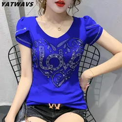 2023 Summer Girl T Shirt Cotton Diamonds Letters Love Heart V-neck Petal Sleeve Slim T-shirt Tops Casual Women Clothing Tees