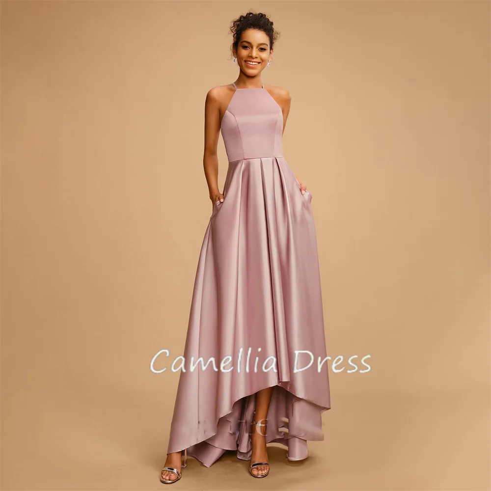 

Simple A-line Evening Dresses High Neck Spaghetti Straps Prom Dresses Asymmetrical Satin Vestidos De Fiesta فساتين السهرة