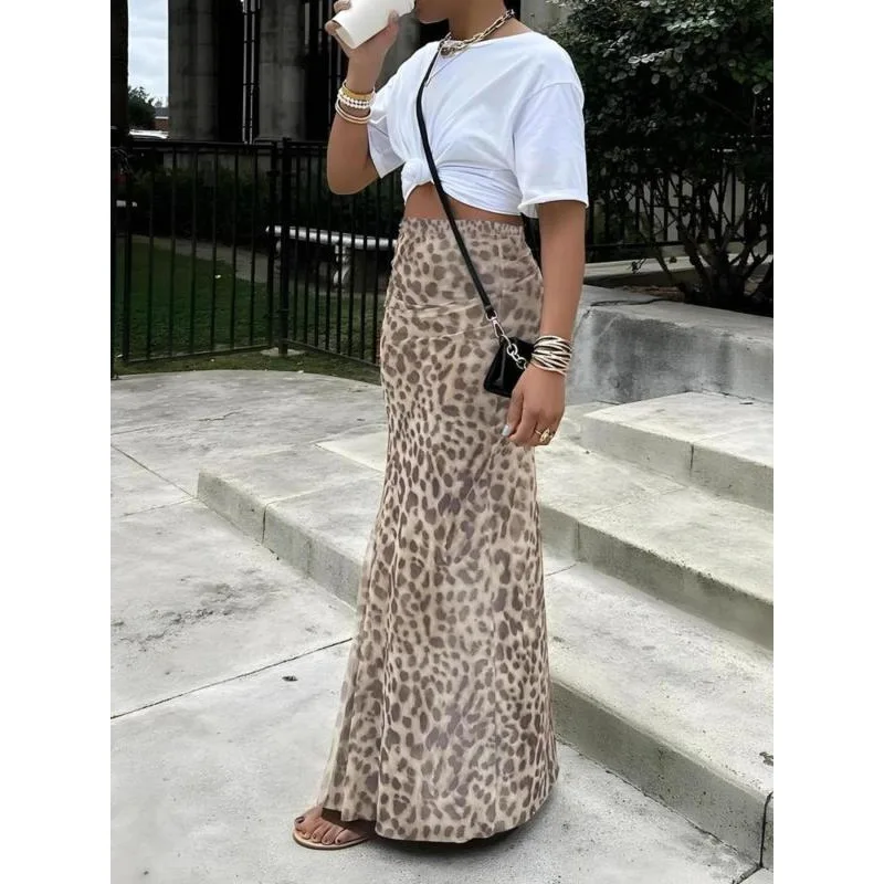 حجم كبير 1XL-5XL المرأة مثير أنيقة ليوبارد مطبوعة تنورة المرأة أزياء أنيقة سليم صالح تنورة طويلة
