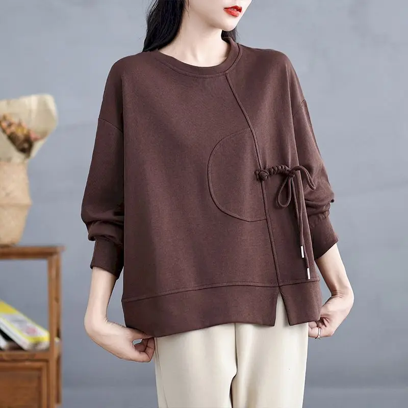 70% Cotton Pullovers Women Fashion Design Drawstring Pullover Casual Loose O-neck Short Tops Spring Autumn Long Sleeve T Shirt