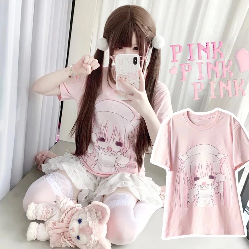 Cute Y2k Cartoon Summer Short Sleeve Tops Pink White Loose Anime Print Subculture T Shirts Women Harajuku New Kawaii Sweet Tees