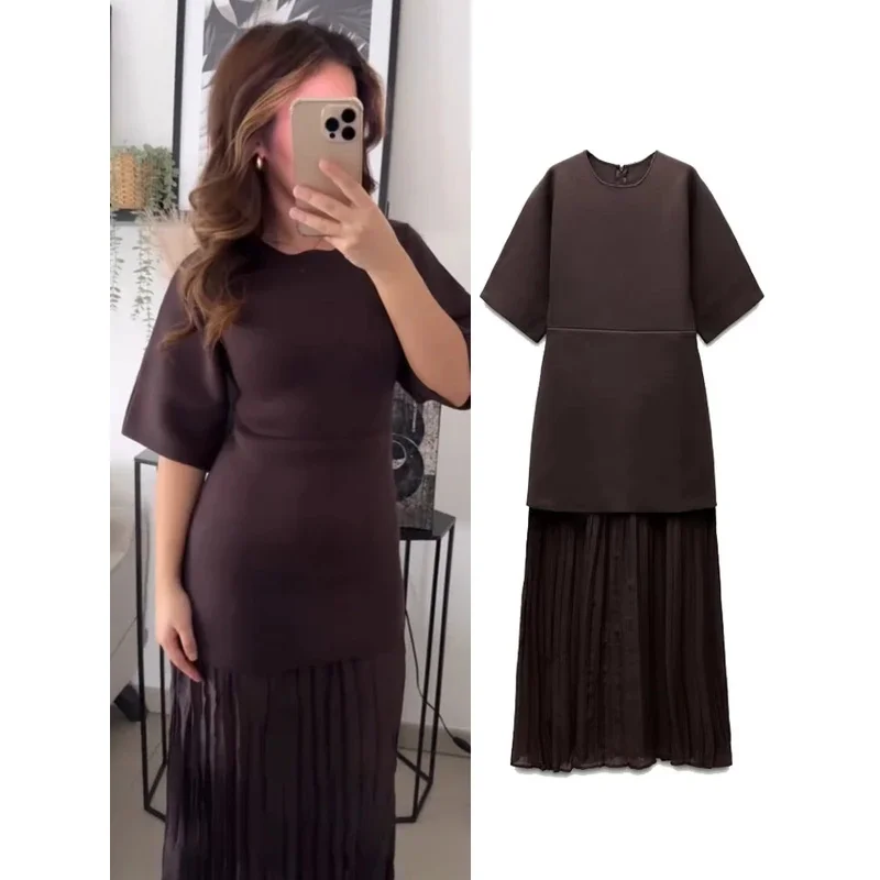 Bonny moda lavorato a maglia manica corta patchwork pieghettato abito longuette donna elegante o-collo a vita alta abito lungo da festa abito da donna