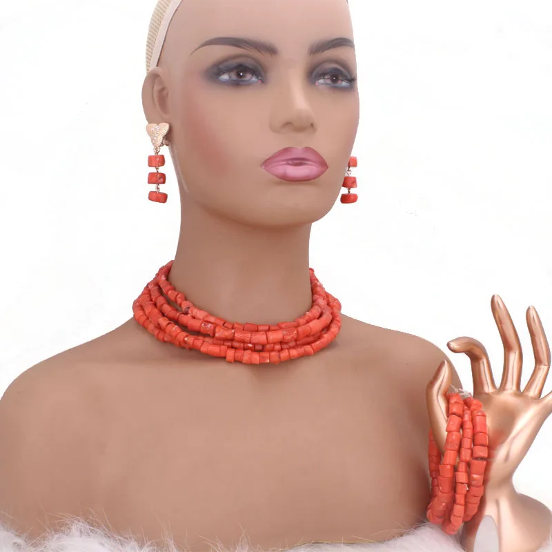 Dudo 8-10mm Nature Coral Beads Nigerian Jewelry Set For Women Luxury 4 Layers