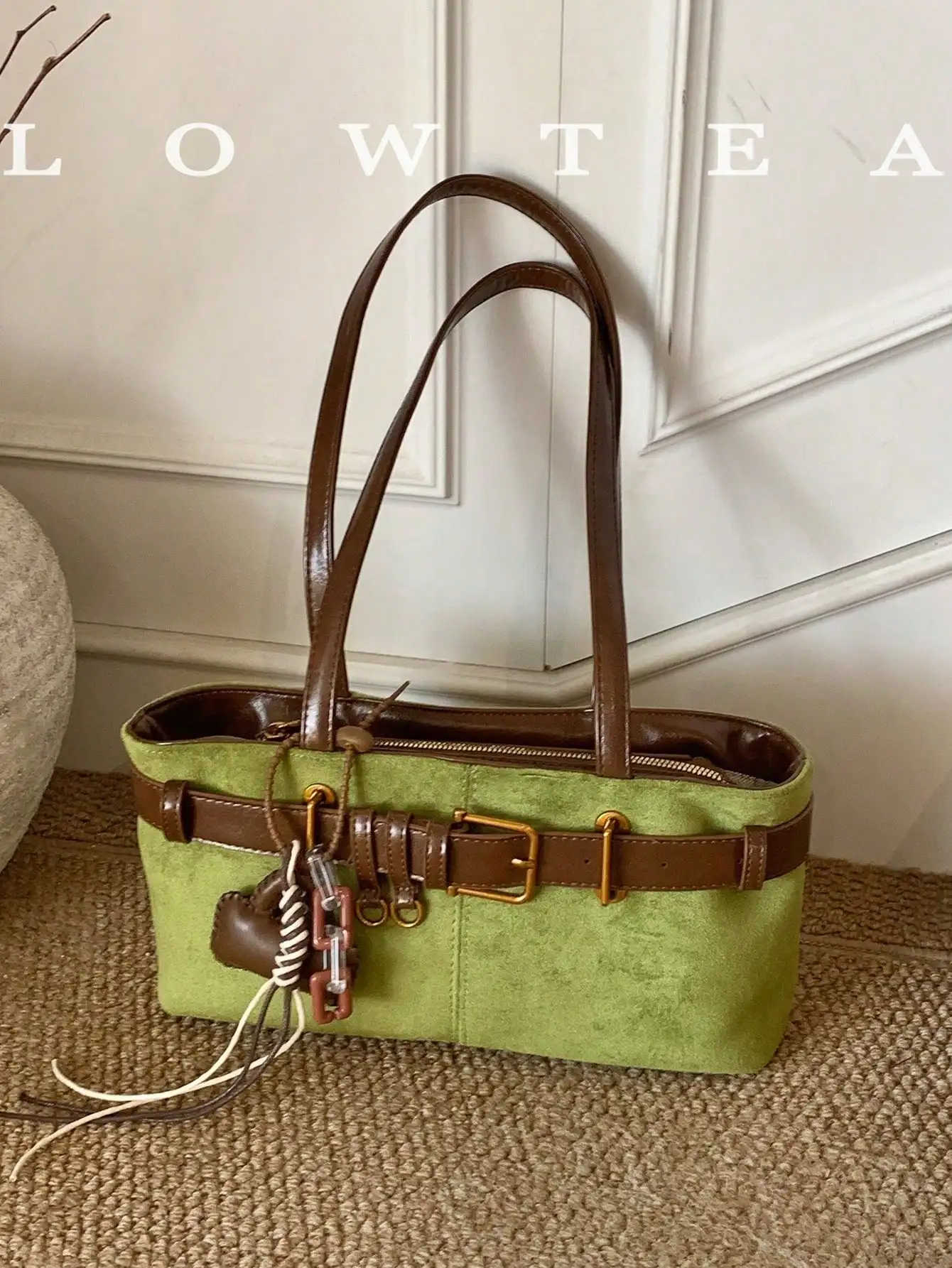 1pc Women's Retro Solid Green Suede Square Shoulder Bag With Dual Handles & Zipper, For Work Travel Shopping Dating Outdoor Hiking, Ideal Gift For Wom