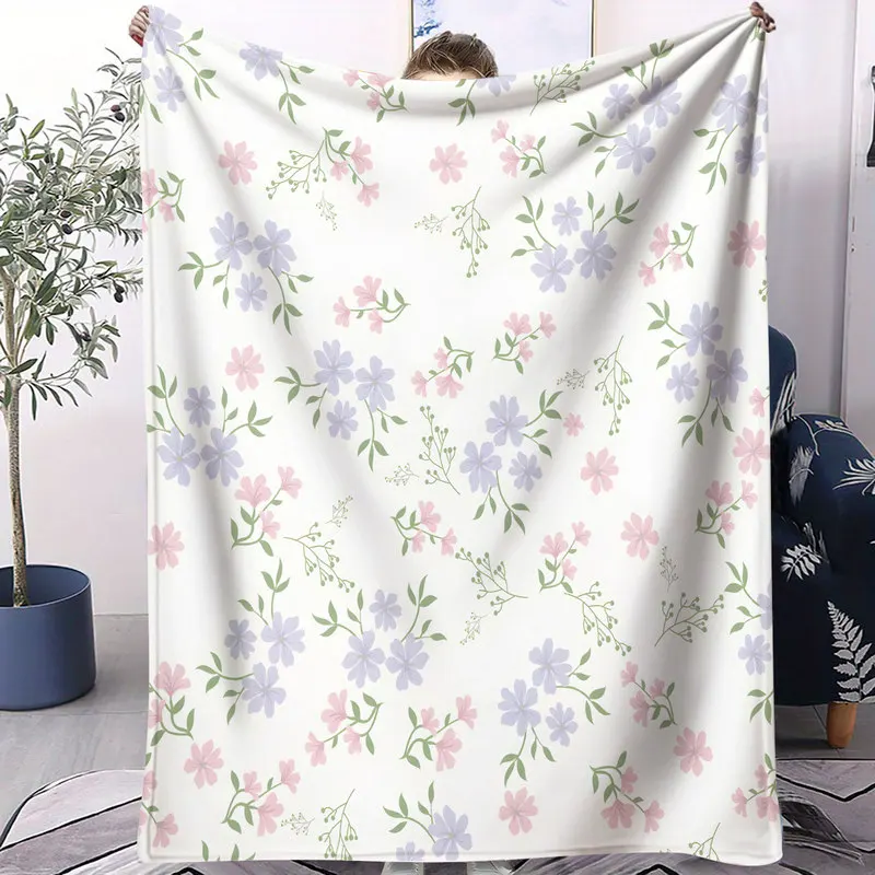 Microfiber Throw Blanket,Ultra-Soft,Skin-Friendly,Portable,Durable,Pastel Blue and Pink Flowers with Green Leaves,Bedroom Decor