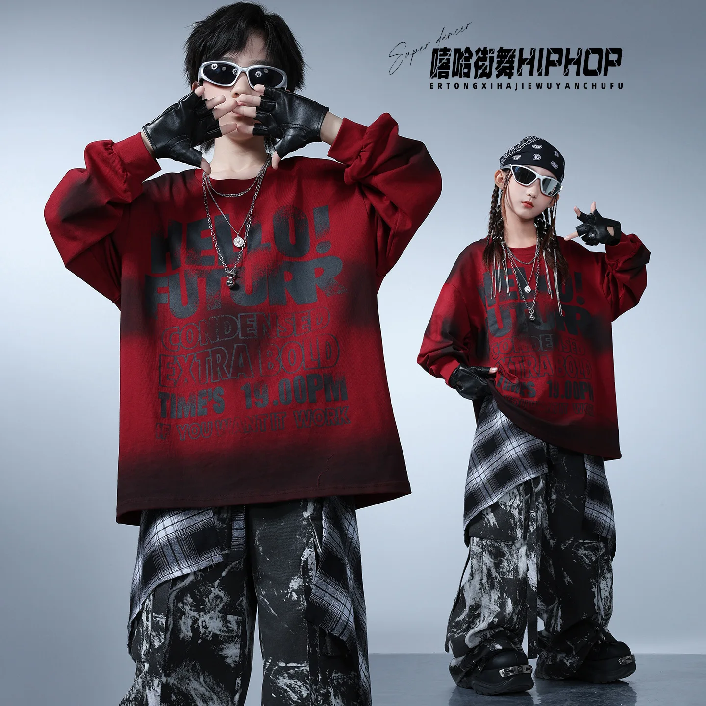 Girl Boy Hip Hop Dance Clothing Child Red Letters Sweatshirt Graffiti Print Cargo Pants for Kids Group Street Dance Wear Costume