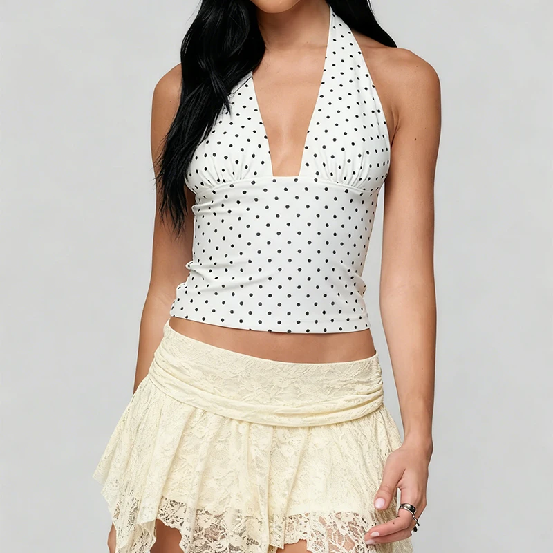 

Women's Summer Halter Tank Tops White Polka Dot Backless Sleeveless Vest Slim Fit Vest Sexy Deep V-Neck Crop Tops Y2k Clubwear