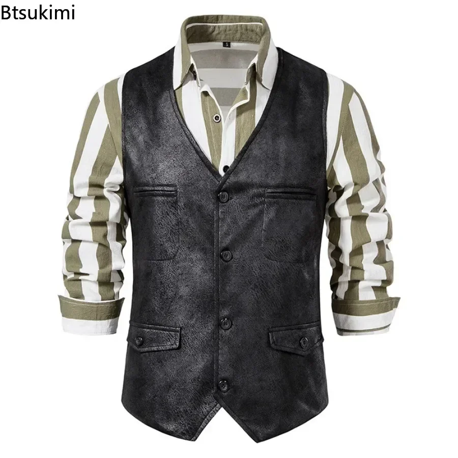New 2025 Men's Vest V-neck Suede Single Breasted Vest Jacket Men Casual Business Party Waistcoat Fashion Solid Slim Vest for Men