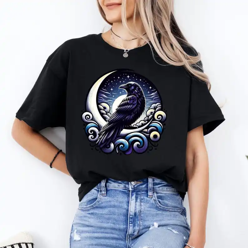 

Raven at Night T-Shirt, Mystical Moon Design, Crow under a starry sky under moonlight & stars, Crewneck Unisex Shirt