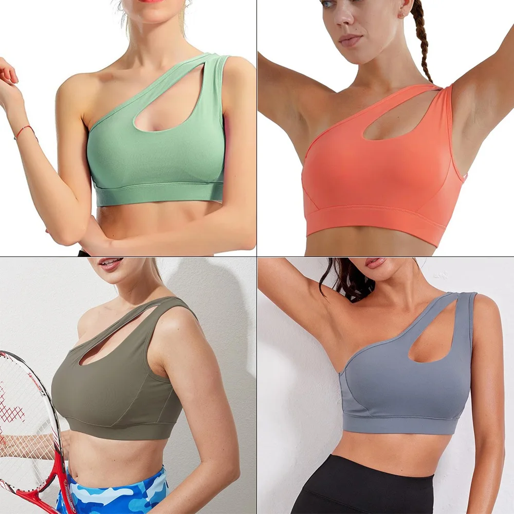 Sexy One Shoulder Yoga Bras Women Sports Top Crop Athletic Vest Push Up Underwear BH Sports Bra Sportswear Wire Free Gym Shirts