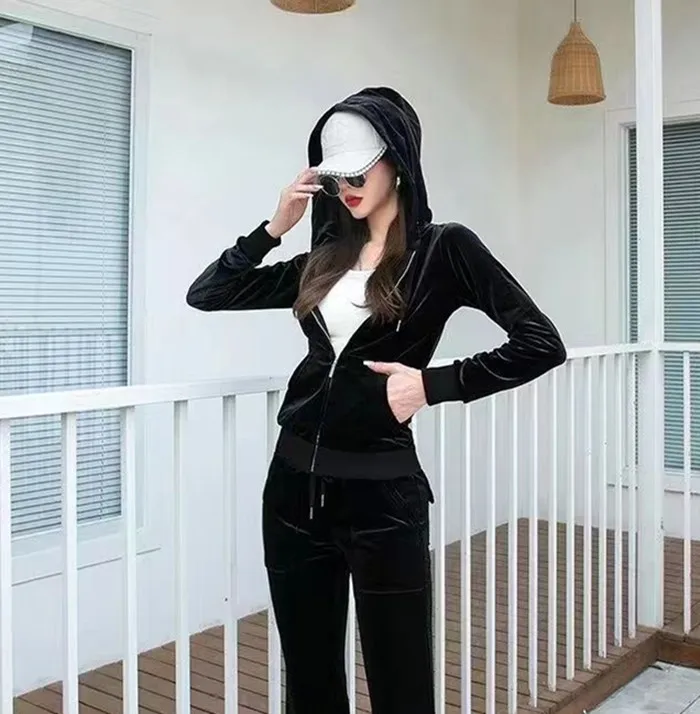Gold Velvet Sportswear Set Women's Spring Autumn New Fashion Thin Casual Sportswear Hoodie Two-Piece Set Trendy Long Sleeve Z...