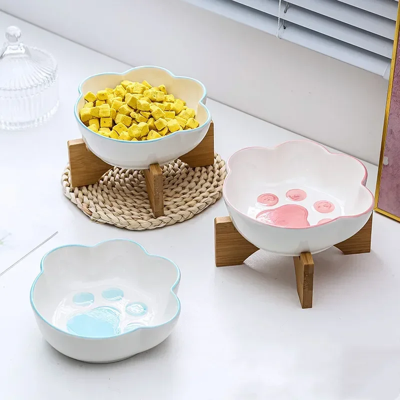 Cute Cat Dog Bowl Ceramic Pet Bowl with Bamboo Stand Cat Paw Shape Pet Drinking Bowl Food Container Cat and Dog Feeding Supplies