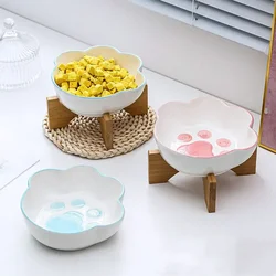 Cat Dog Bowl Cute Ceramic Pet Bowl with Bamboo Stand Cat Paw Shape Pet Drinking Bowl Food Container Cat and Dog Feeding Supplies