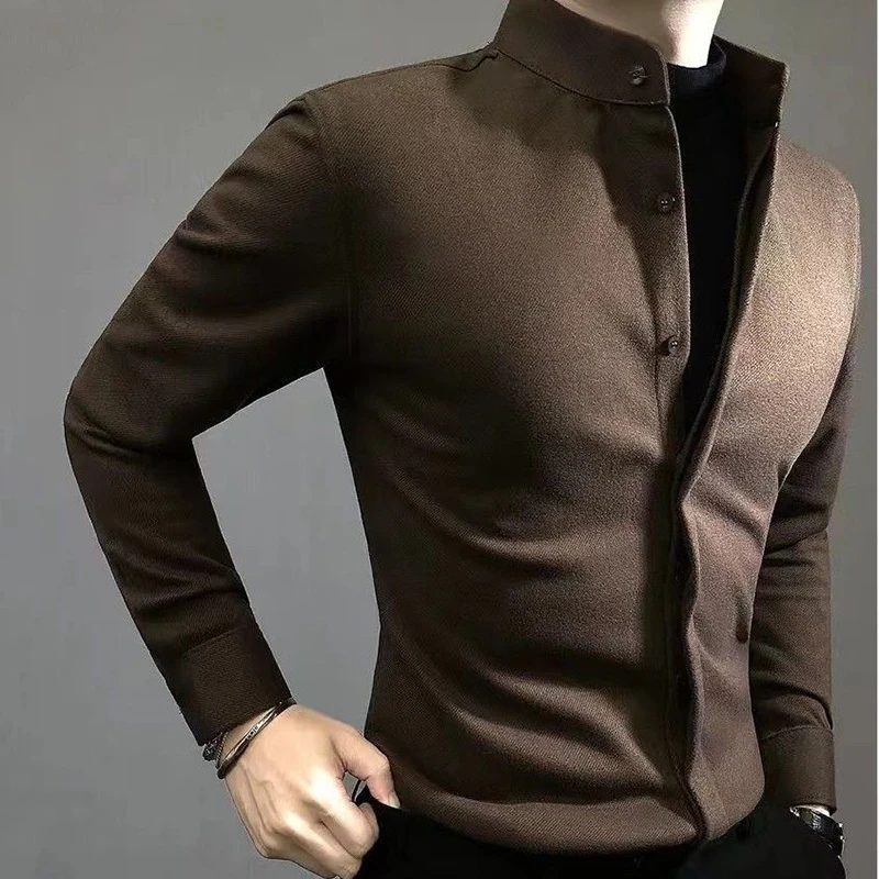 

Fashion Stand Collar Button Solid Color Business Shirts Men's Clothing 2024 Autumn Winter New Loose Korean Tops Casual Shirts