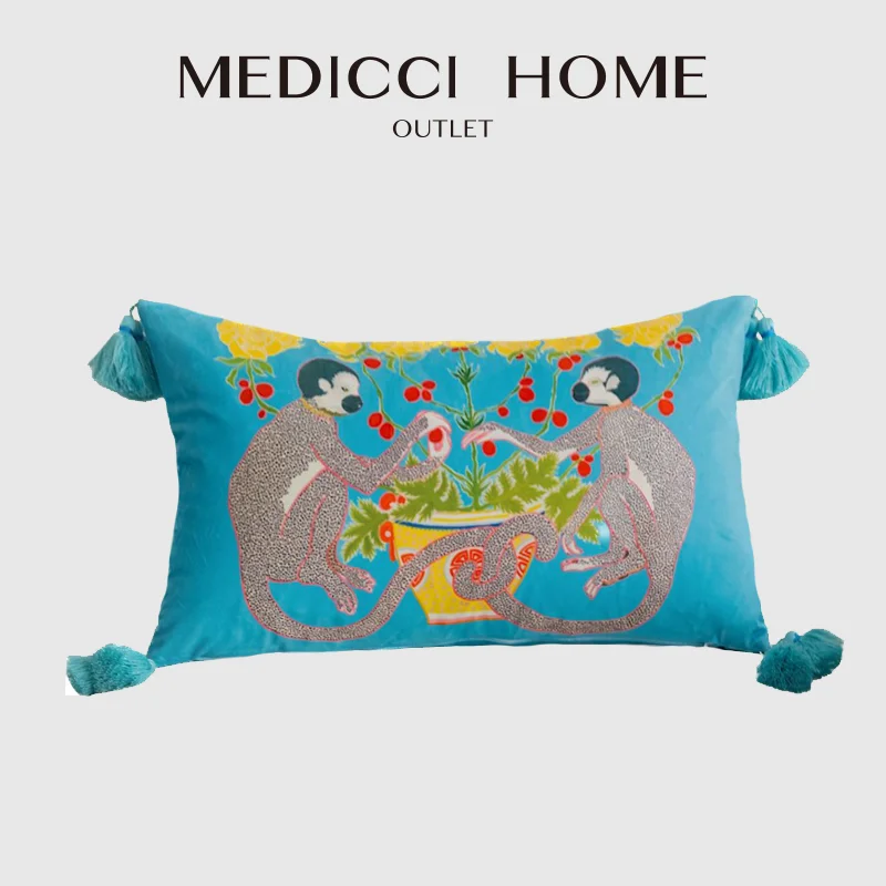 

Medicci Home Grandmillennial Monkeys сине-желтая декоративная подушка для поясницы с кисточками чехол для диванной подушки в стиле шинуазри 30x50
