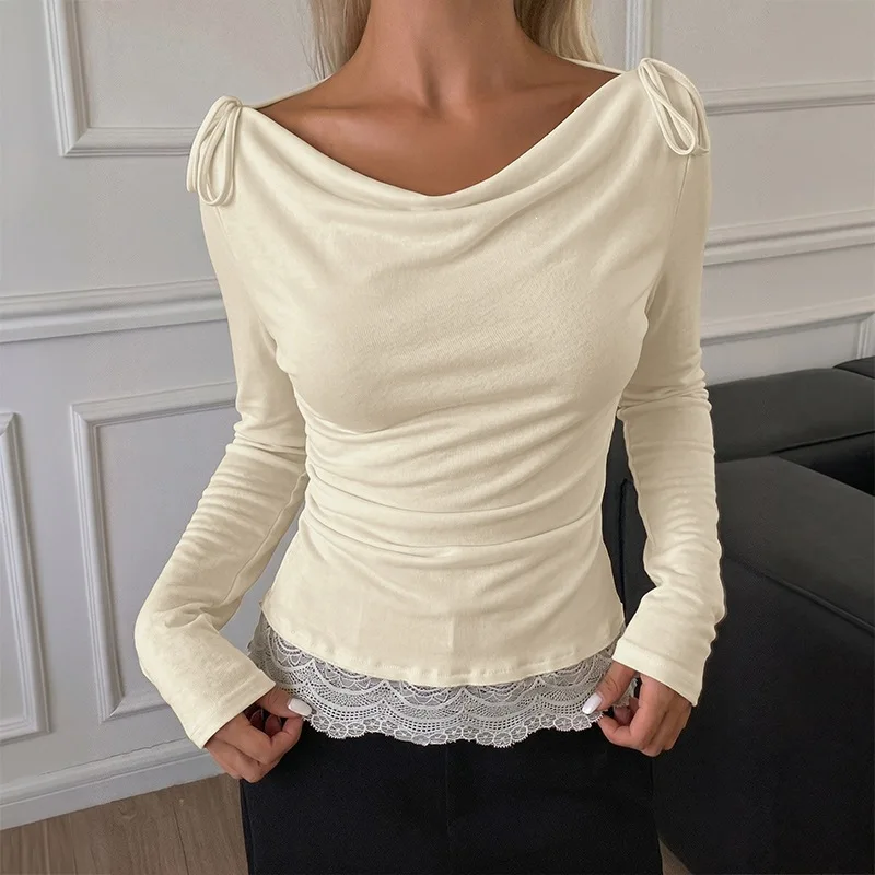 Women's Lace Trim Long Sleeve Top V Neck Ruched Side Slim Fit Cropped Blouse Elegant Versatile Trendy Casual Commute Office Tops