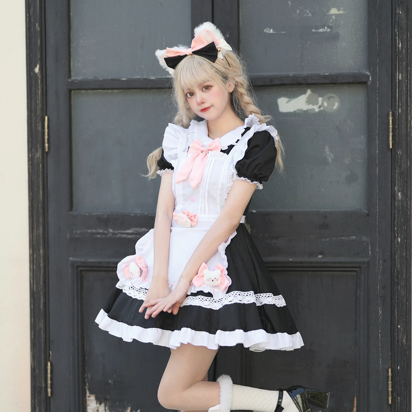 

Sweet Cat Maid Dress Black Lolita Anime School Uniform Comic Con Cosplay Costume Short Sleeved Lolita Summer Servant Wear