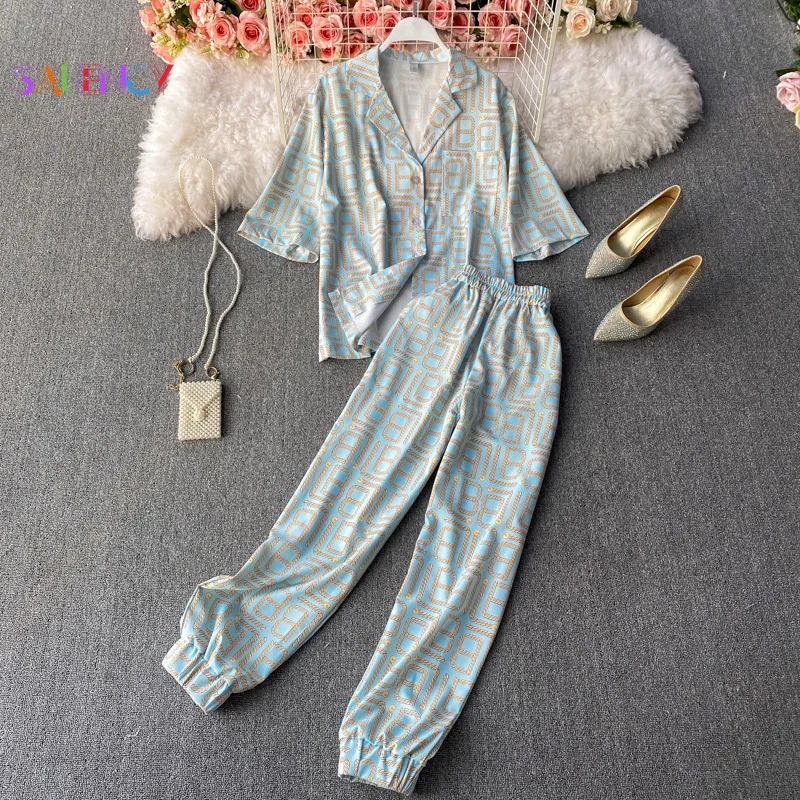 

Summer Casual Loose Pyjamas Set High Waist Print Short Sleeve Sleepwear Pijama Pants Suit Women Two Piece Set Home Clothes