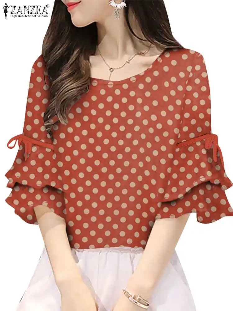 Summer Elegant Blouse ZANZEA Women Polka Dots Shirt Fashion Lace-Up Holiday Tops Tunic Femme Casual Half Sleeve Work Blusas