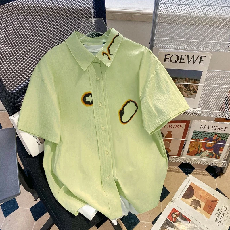 

Street Sle Burnt Stripe Collar ort Sve irt Men's Vintage College Faion Open Cardigan irt Korean Loose Fit