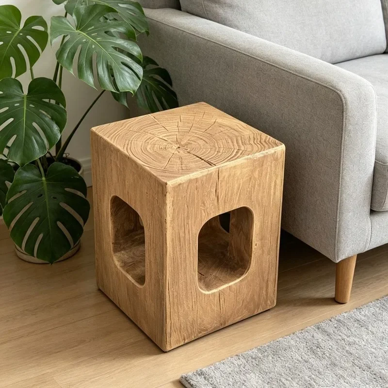 a Imitate Wood Hollow Cube Side Table Tree Ring Grain Cutout Design Minimalist Accent Stool End Table for Living Room