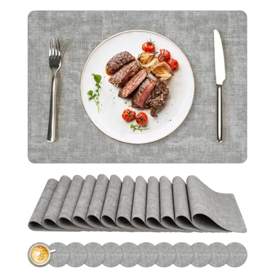 

Виниловые подставки под тарелки из искусственной кожи, водонепроницаемые и термостойкие, моющиеся, противоскользящие, с подставкой для стаканов, легко моющиеся.