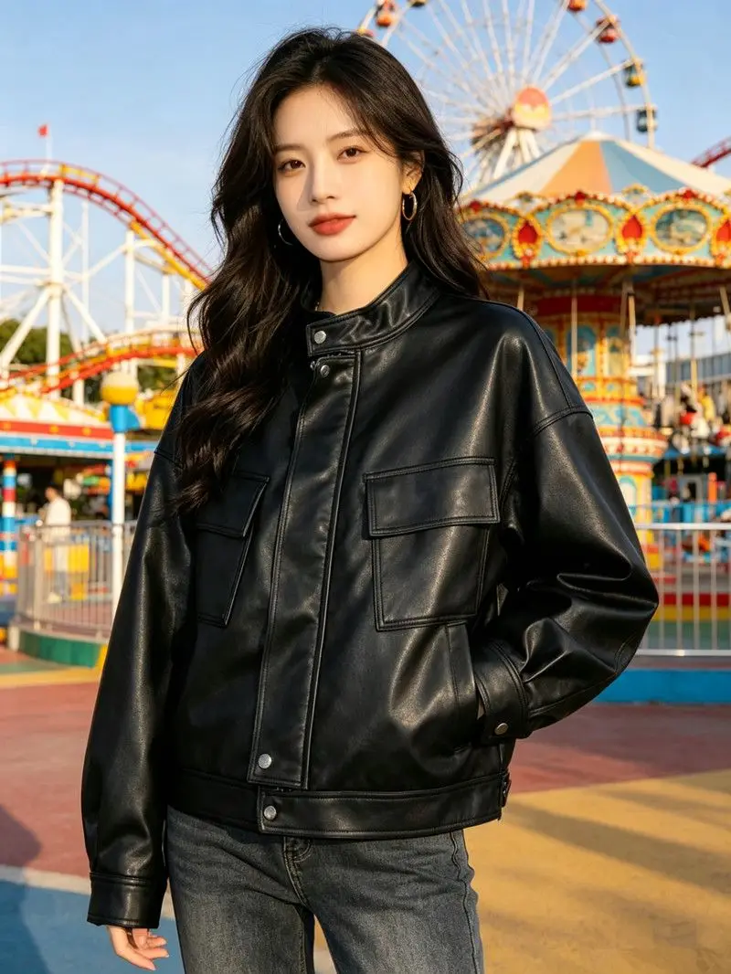 Motorcycle Leather Jacket Ladies 2026 Spring Autumn New Fashion PU Leather Coat Women Short Outcoat Stand Collar Casual Overcoat