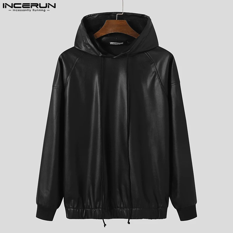 Stylish Hot Sale Men Tops INCERUN 2024 Reflective Leather Solid Hooded Hoodies Casual Male Long Sleeved Drawstring Sweater S-5XL