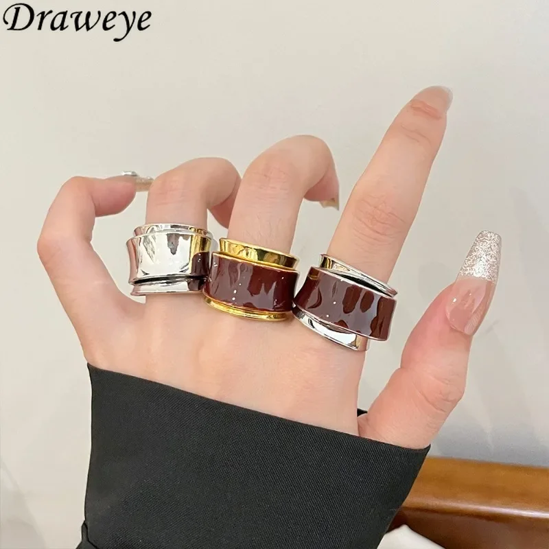 Draweye Double Layered Rings for Women Drip Glaze Vintage Korean Fashion Jewelry Simple Forefinger Senior Sense Anillos Mujer