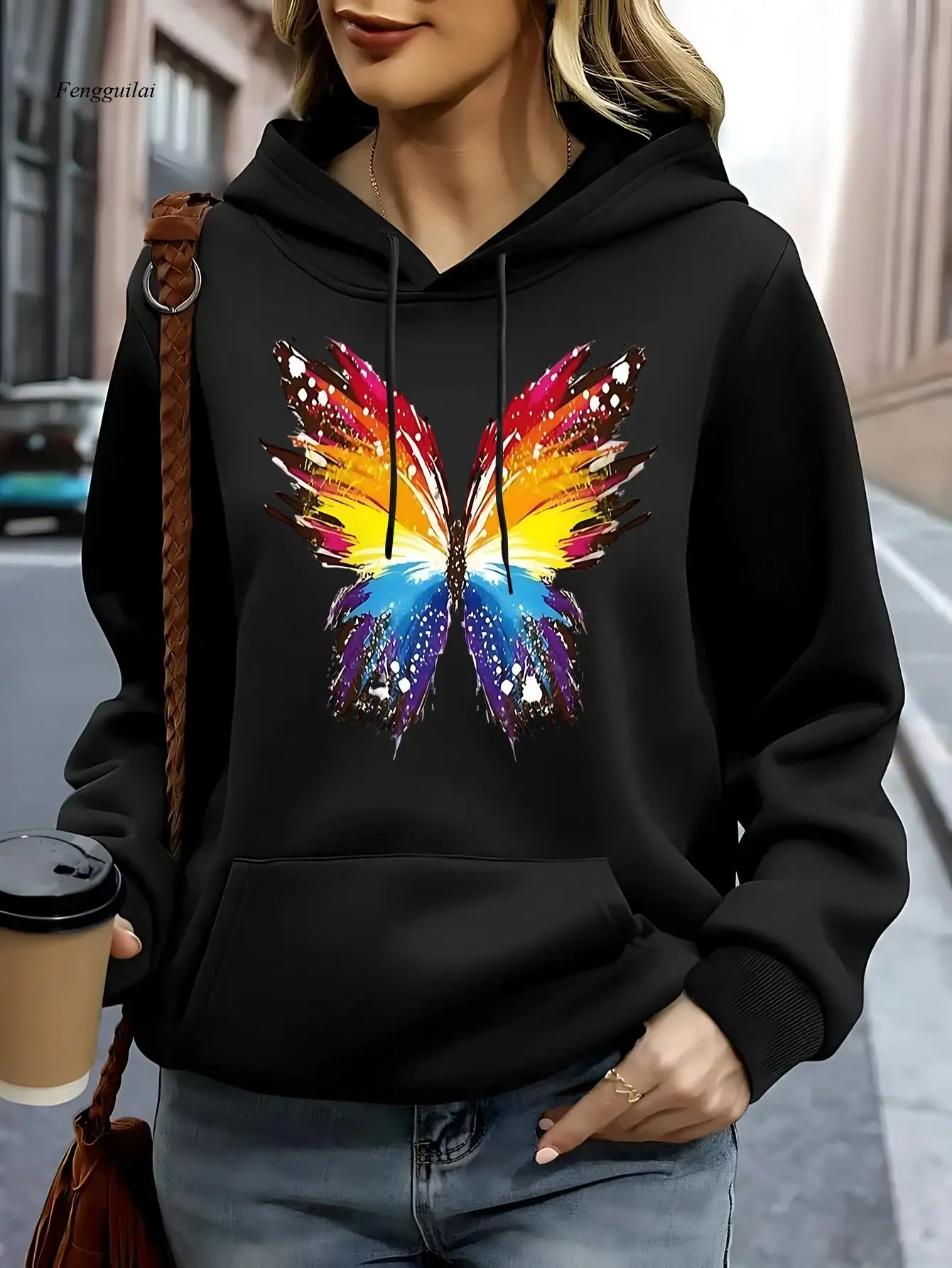 

Черная многоцветная толстовка с капюшоном с принтом бабочки — зимний теплый пуловер с длинными рукавами и карманами