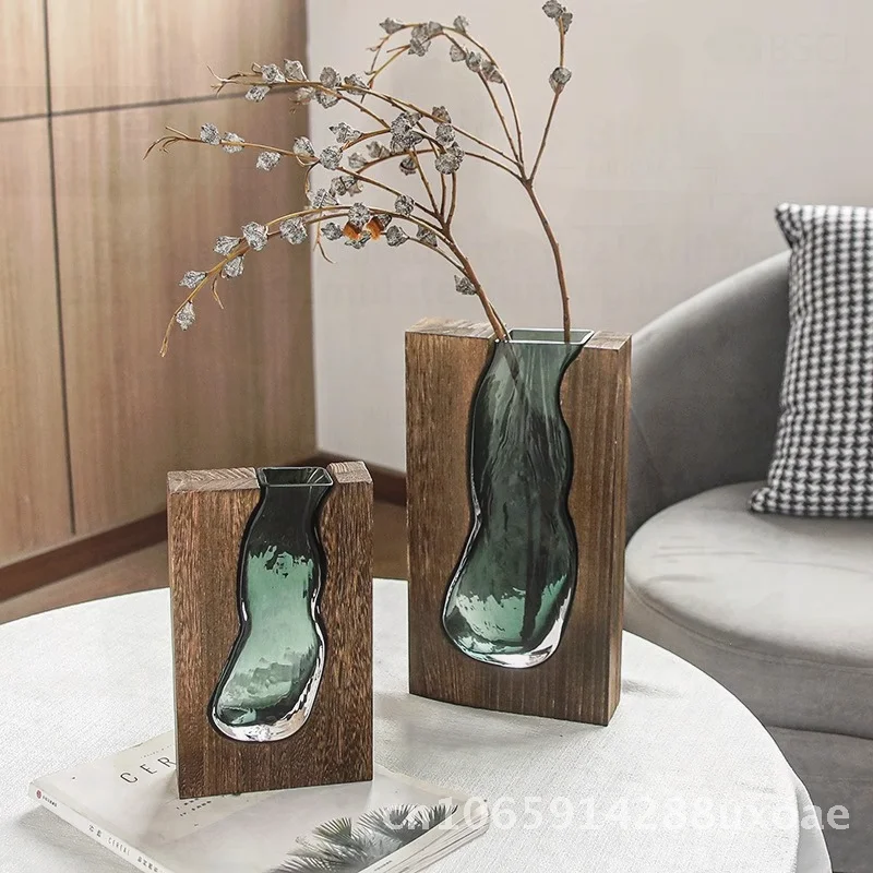 

Chinese-Style Wooden Glass Vase for Water-Raised Flowers Handmade Light Luxury Flower Arrangement Decor for Living Room Dining